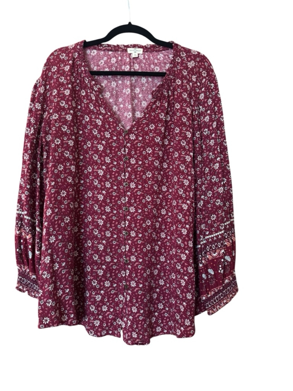 Mason & Belle Boho Floral Blouse | Burgundy Flowy Button Front Top